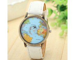 Horloge met Wereldkaart en Vliegtuig Wit