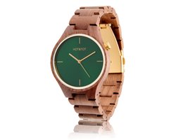 HOT&TOT | Silva - Houten horloge voor dames / heren - 40mm - Notenhout (walnoot) - Groen - Goud