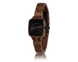 HOT&TOT | Wodan Petite - Houten horloge voor dames - Vierkant - Walnoot hout - 28mm - Bruin - Zilver - Zwart