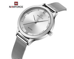 NAVIFORCE horloge met zilveren stalen polsband, witte wijzerplaat en zilveren horlogekast voor dames met stijl ( model 5023 SW )