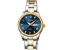 Olevs - Dameshorloge- Polshorloge - Cadeau - Horloge - Geschenkdoos - Vrouwen - Goud & Blauw- Polsband zilver