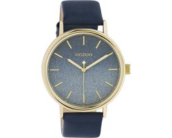 OOZOO Timepieces - goudkleurige horloge met blauwe leren band - C10938 - Ø42