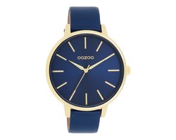 OOZOO Timepieces - Goudkleurige OOZOO horloge met donker blauwe leren band - C11292