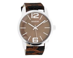 OOZOO Timepieces - Zilverkleurige horloge met bruine leren band - C8042