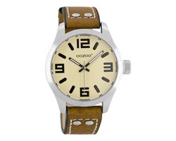 OOZOO Timepieces - Zilverkleurige horloge met cognac leren band - JR152