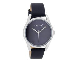 OOZOO Timepieces - Zilverkleurige horloge met donker blauwe leren band - JR293