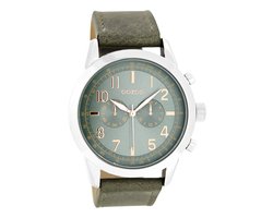 OOZOO Timepieces - Zilverkleurige horloge met groen grijze leren band - C6886