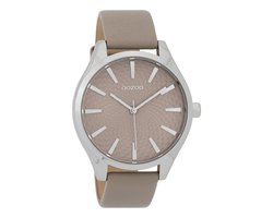 OOZOO Timepieces - Zilverkleurige horloge met taupe leren band - C9687