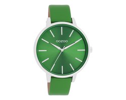 OOZOO Timepieces - Zilverkleurige OOZOO horloge met groene leren band - C11297