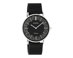 OOZOO Vintage series - zilverkleurige horloge met zwarte metalen mesh armband - C20140 - Ø40