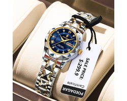 Poedagar Luxe Dames Jurk Horloge Lichtgevende Waterdichte Week Date Vrouw Polshorloge Rvs Vrouwen Quartz Horloges Reloj + Doos - Gold Blue