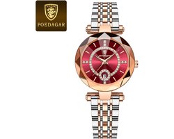 Poedagar Luxe Horloge Voor Vrouw Hoge Kwaliteit Diamant Quartz Horloge Waterdichte Datum Rvs Vrouwen Horloges Reloj + Doos - Gold Red