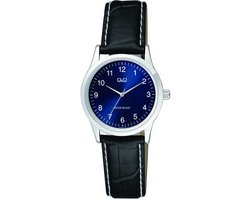 Q&Q C09A-017PY - Horloge - Dames - Vrouwen - Leren band - Rond - Staal - Cijfers - Zwart - Zilverkleurig - Blauw