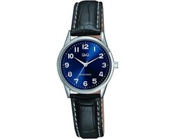 Q&Q C11A-016PY - Horloge - Analoog - Dames - Vrouwen - Leren band - Rond - Cijfers - Zwart - Zilverkleurig - Blauw