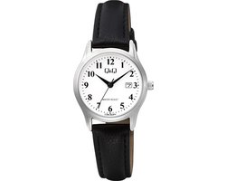 Q&Q C28A-003PY - Horloge - Analoog - Vrouwen - Dames - Leren band - Rond - Metaal - Cijfers - Datumaanduiding - Zwart - Zilverkleurig - Wit - 3 ATM