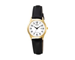 Q&Q C31A-004PY - Horloge - Analoog - Dames - Vrouwen - Leren band - Rond - Metaal - Cijfers - Datumaanduiding - Zwart - Goudkleurig - Wit - 3 ATM