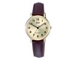 Q&Q C65A-001PY-Horloge-Dames-Goudkleurig-Duidelijke wijzerplaat-Bruin lederen band