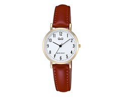 Q&Q C66A-002PY - Horloge - Vrouwen - Dames - Leren band - Rond - Staal - Rood - Goudkleurig