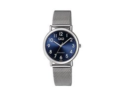 Q&Q Q05A-008PY - Horloge - Analoog - Vrouwen - Dames - Milanese/Mesh stalen band - Rond - Metaal - Cijfers - Zilverkleurig - DonkerBlauw - 3 ATM