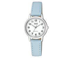 Q&Q Q925J364Y - Horloge - Vrouwen - Dames - Leren band - Rond - Staal - Licht Blauw - Zilverkleurig