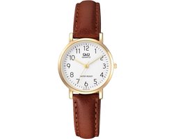 Q&Q Q979J104Y - Horloge - Analoog - Vrouwen - Dames - Leren band - Rond - Metaal - Cijfers - Bruin - Goudkleurig - Wit - 5ATM