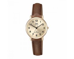 Q&Q QZ01J103Y - Horloge - Analoog - Vrouwen - Dames - Leren band - Rond - Metaal - Cijfers - Zwart - Goudkleurig - 3ATM