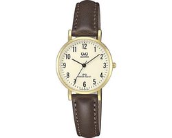 Q&Q QZ03J103Y - Horloge - Analoog - Vrouwen - Dames - Leren band - Rond - Metaal - Cijfers - Bruin - Goudkleurig - Crème - 3ATM