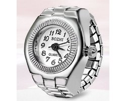 Ring horloge - rekbaar - zilverkleurig - wit - klein - 2 cm dial - one size