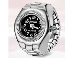 Ring horloge - rekbaar - zilverkleurig - zwart - klein - 2 cm dial - one size