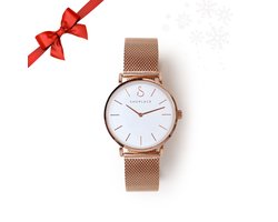 Shoplace Horloge dames met witte wijzerplaat - Horloges voor vrouwen - Polshorloge dames - Mesh band – RVS - Cadeau voor vrouw - Rosegoud - 36 mm