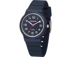 Sinar - Horloge Dames - Kinderhorloge Jongen - Tiener - Analoog - 10 bar Waterdicht - Donker Blauw - Ø 34mm - Verstelbaar (13 - 18 cm) - Stevig & Zacht Siliconen bandje - Edelstalen sluiting - Quartz uurwerk - XB-18-22