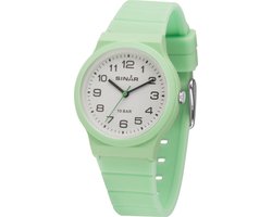 SINAR - Horloge Dames - Kinderhorloge meisje - Tiener - Analoog - 10 bar Waterdicht - Mint - Ø 34 mm - Verstelbaar (13 - 18 cm) - Stevig & Zacht siliconen bandje - Edelstalen Sluiting - Quartz uurwerk - Groen - XB-18-3