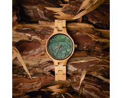 Woody Houten Horloge Dames - Groen Marmer Wijzerplaat - Bamboe – 14mm – Ø 33mm