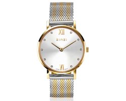 ZINZI Lady Crystal horloge zilvergekleurde wijzerplaat, geelgoudkleurige kast en bicolor stalen mesh band, witte crystals bij uuraanduiding, 28mm extra dun ZIW633MB