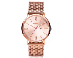 ZINZI Roman horloge roségoudkleurige wijzerplaat en kast stalen mesh band roségoudkleurig 34mm extra dun ZIW505M