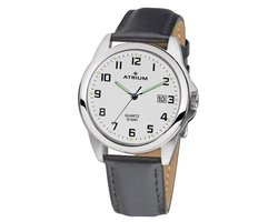 ATRIUM Horloge - Heren - Zilverkleurig - 10 bar Waterdicht - Zwart leren band (16,5-21,5 cm) - Witte Wijzerplaat - Datum - Edelstaal - Duidelijk - Quartz Uurwerk - Edelstalen Sluiting - A16-10