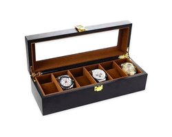 Confibel Luxe Houten Horloge Box - Geschikt voor Horloges en Sieraden - 6 Compartimenten met 6 Kussentjes - Zwart/Bruin