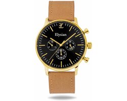 Elysian - Horloge Heren - Goud - Vintage Leer - Waterdicht - Krasvrij Saffier - 43mm