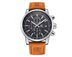 Herenhorloge – Chronograaf - Men's Watch - Edelstaal – Lederen Band