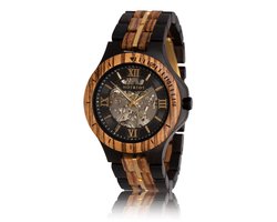 HOT&TOT | Gold Motus - Houten horloge heren - 44 mm - Automaat - Skeleton - Ebbenhout - Zebrano hout - Goud