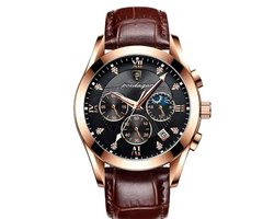 Luxe Herenhorloge - Leren Band - Polshorloge - Heren - Cadeau - Horloge - Geschenkdoos - Mannen - Rosé & Zwart- Polsband Bruin