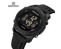 NAVIFORCE digitaal horloge voor mannen, met zwarte silica polsband, zwarte uurwerkkast en zwarte wijzerplaat ( model 7104 BB ), verpakt in mooie geschenkdoos