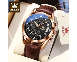 Olevs - HerenHorloge - Lederen Band - Polshorloge - Heren - Cadeau - Horloge - Geschenkdoos - Mannen - Rosé en zwart - Polsband Bruin