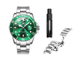 OLEVS Horloge voor mannen - Heren horloge - Roestvrij Staal - Groen Zilver - met verstelbare pin -