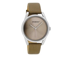 OOZOO Timepieces - Zilverkleurige horloge met taupe leren band - JR292