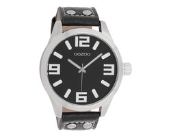 OOZOO Timepieces - Zilverkleurige horloge met zwarte leren band - C1004