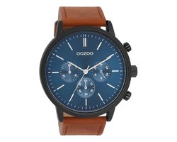 OOZOO Timepieces - Zwarte OOZOO horloge met bruine leren band - C11202