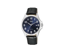 Q&Q A480J305Y - Horloge - Analoog - Mannen - Heren - leren band - Rond - Staal - Cijfers - Datumaanduiding - Zwart - Zilverkleurig - Blauw