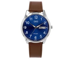 Q&Q-Heren horloge-Dag/Datum aanduiding-Lederen band-Blauwe wijzerplaat