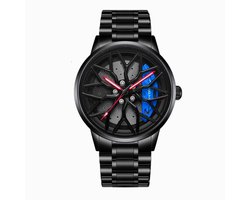 WielWatch - Horloge AMG blauw draaibaar - Sportauto - Horloges met stalen band- Herenmode - Velghorloge - Cadeau mannen - Autovelg - Autoliefhebber - horloge jongens